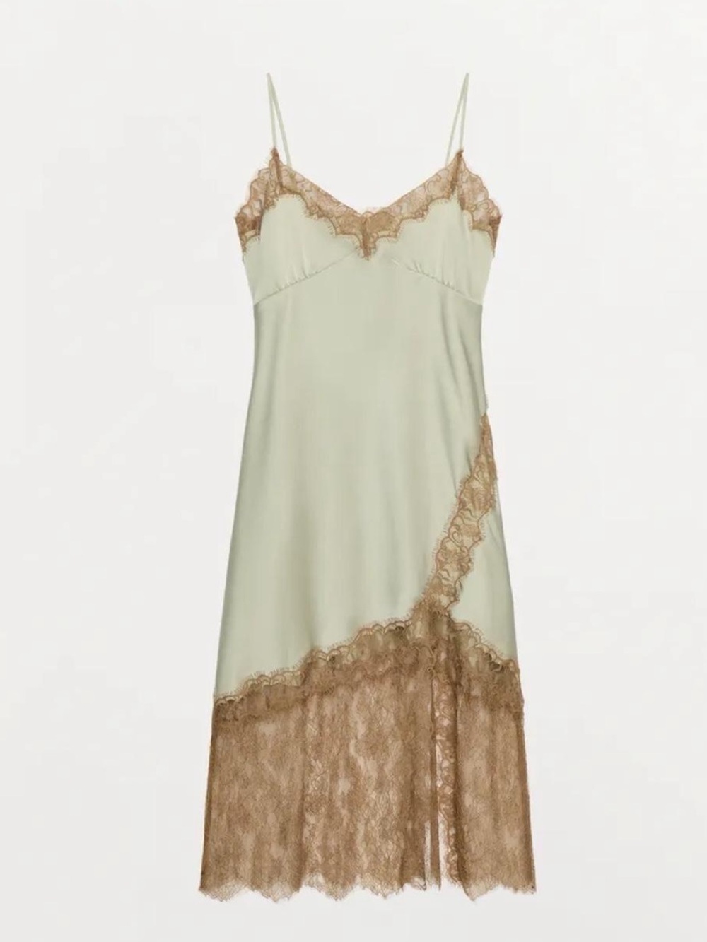 Zara Satin Slip Dress with Brown Lace Trim - Sage Green & Brown